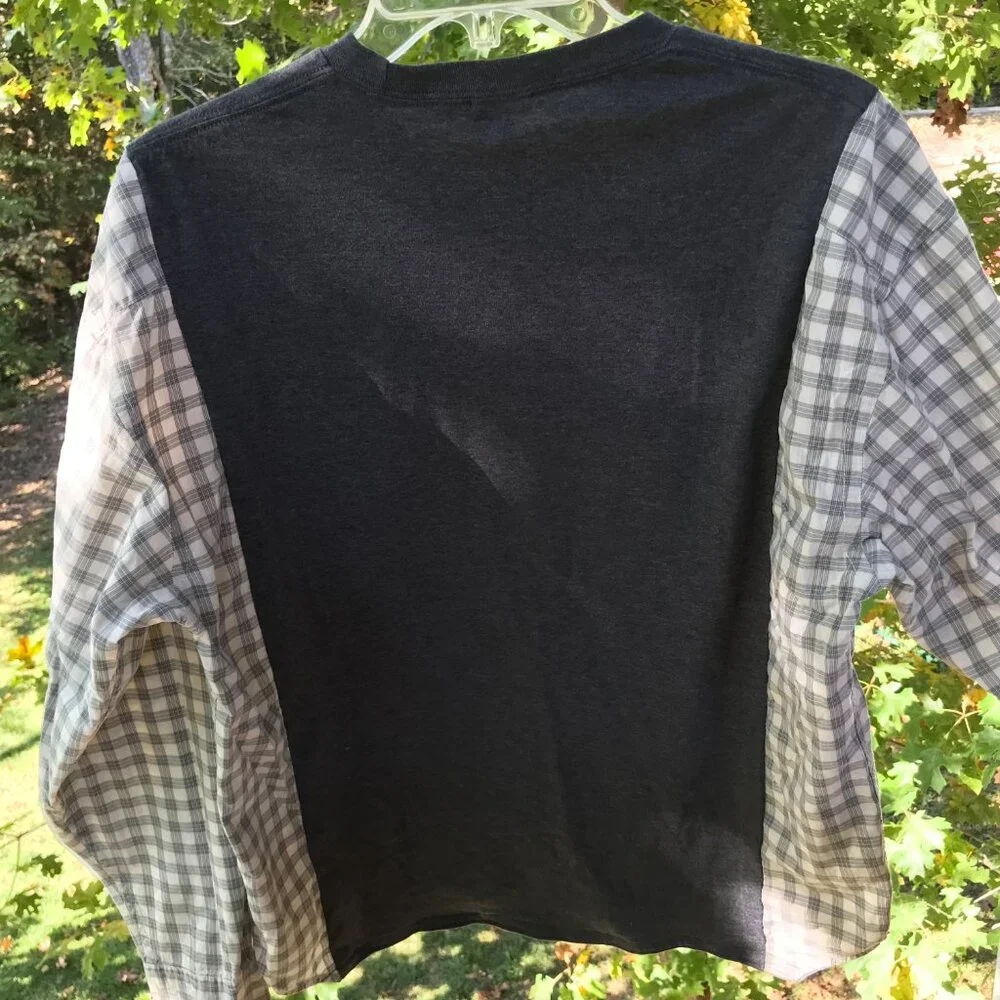 Upcycled Reworked Graphic T-Shirt, Saxophone Theme Plaid Shirt, Size S - M - Picture 10 of 12